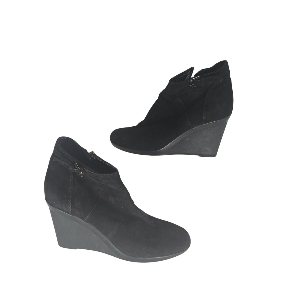 Aquatalia Suede Wedge Ankle Booties 8.5 Black Italian Leather Minimalist Luxury